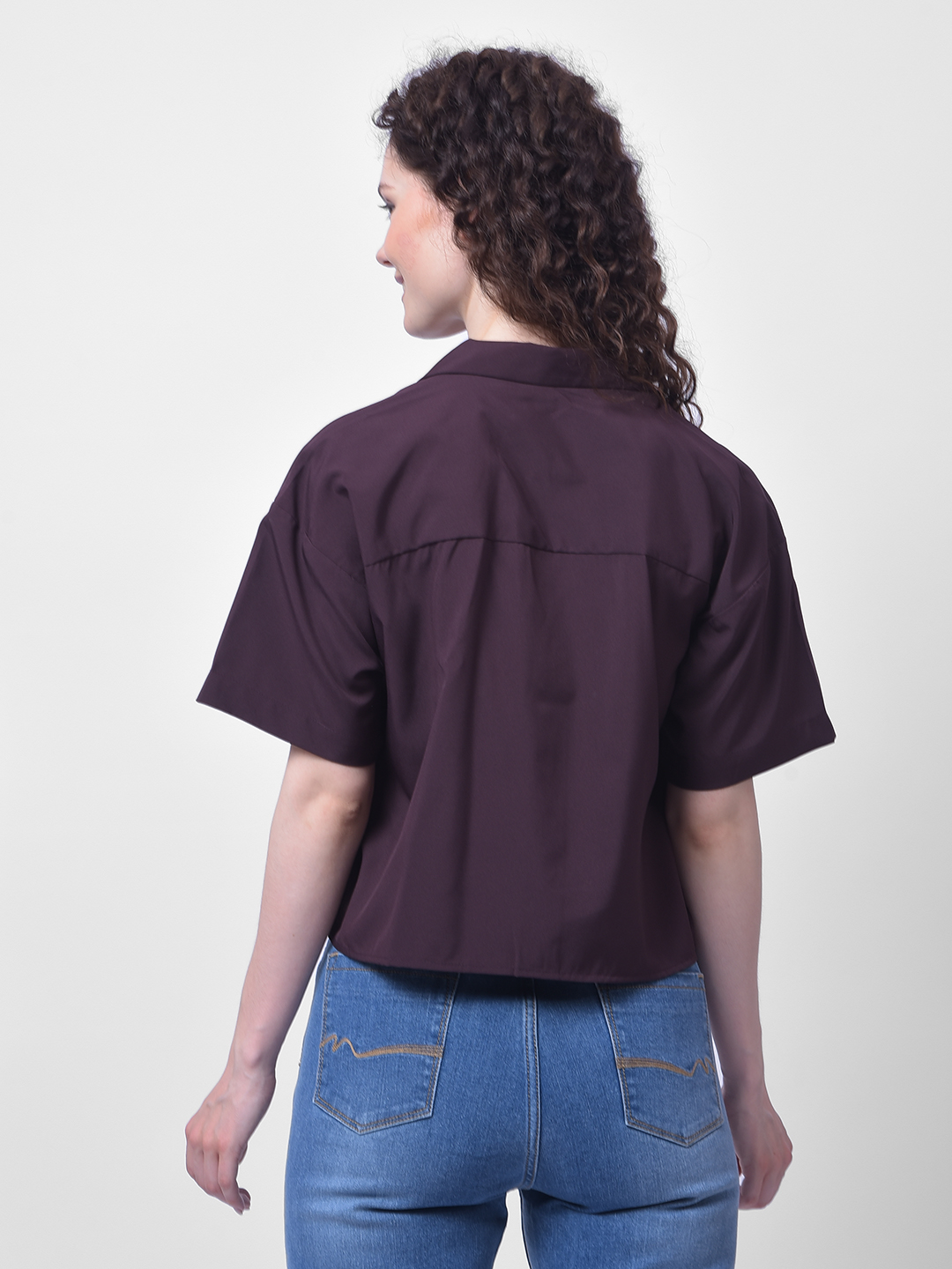 Numero Uno Women Purple Notch Collar Cropped Shirt